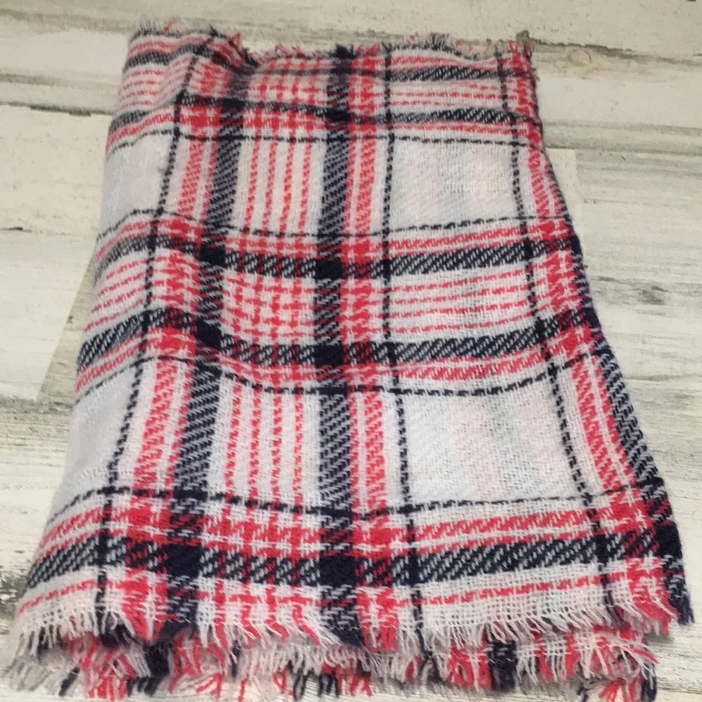 Woman’s lightweight pink navy white plaid infinity scarf with frayed edges